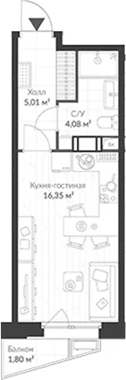 Планировка: Студия 25,4 м² в ЖК «ВЕРЕН НОРТ Cертолово»