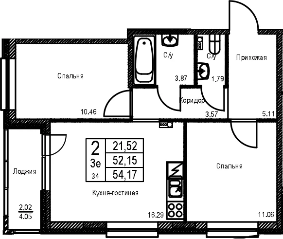 Планировка: Евротрёшка 52,2 м² в ЖК «ID Kudrovo II»
