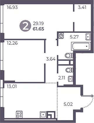 Планировка: 2-комнатная квартира 61,7 м² в ЖК «Нижегородская от Гранель»