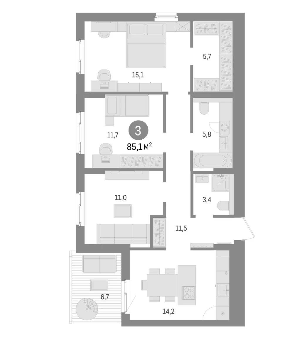 Планировка: 3-комнатная квартира 78,4 м² в ЖК «Брусника в Новоселье»