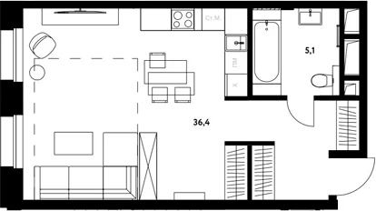 Планировка: Студия 41,5 м² в ЖК «Резиденции архитекторов»