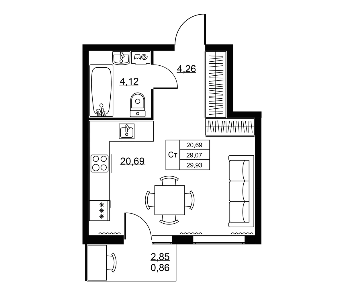 Планировка: Студия 29,1 м² в ЖК «Пулковское, 34»