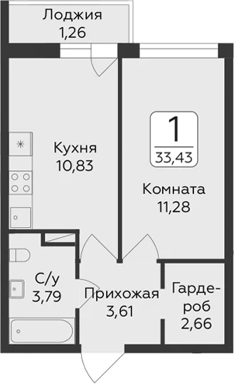 Планировка: 1-комнатная квартира 32,2 м² в ЖК «Панорама Юкки. ГК Развитие. Санкт-Петербург»