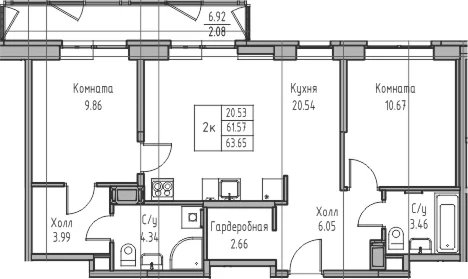 Планировка: Евротрёшка 61,6 м² в ЖК «Юнтолово»