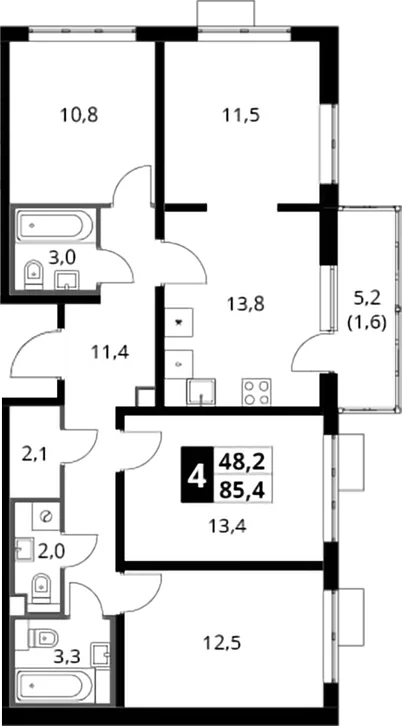 Планировка: Квартира евро-4 83,8 м² в ЖК «Южная Битца»