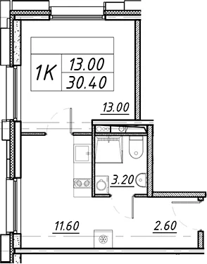 Планировка: 1-комнатная квартира 30,4 м² в ЖК «АВЕНЮ-АПАРТ ПУЛКОВО»