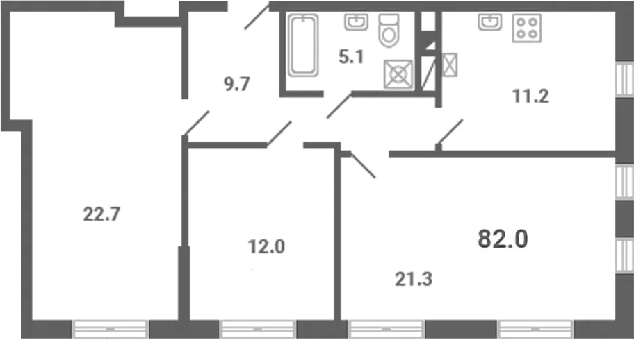 Планировка: 3-комнатная квартира 82 м² в ЖК «Южная Долина»