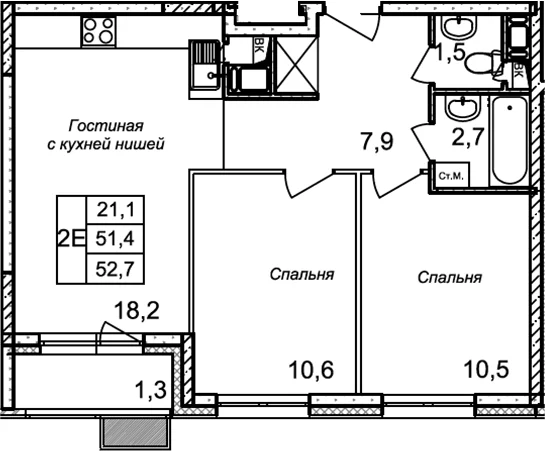 Планировка: Евротрёшка 51,4 м² в ЖК «Квартал Светлый»