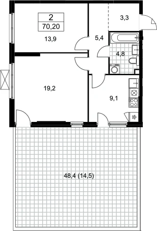 Планировка: 2-комнатная квартира 55,7 м² в ЖК «Бунинские кварталы»