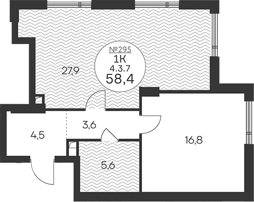 Планировка: 1-комнатная квартира 58,4 м² в ЖК «Клубный квартал КРЫЛАТСКАЯ 33»