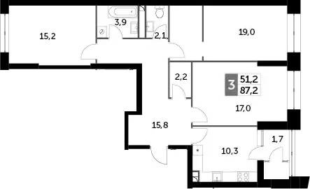 Планировка: 3-комнатная квартира 86,2 м² в ЖК «Скай Гарден»