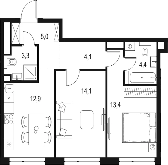 Планировка: 2-комнатная квартира 57,2 м² в ЖК «Левел Мичуринский»