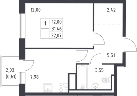 Планировка: 1-комнатная квартира 31,5 м² в ЖК «Квартал Лаголово»