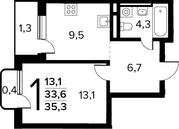 Планировка: 1-комнатная квартира 33,6 м² в ЖК «Новые Ватутинки Квартал у реки»