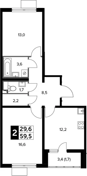 Планировка: 2-комнатная квартира 57,8 м² в ЖК «Южная Битца»