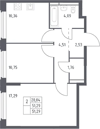 Планировка: 2-комнатная квартира 51,3 м² в ЖК «Космический Квартал»