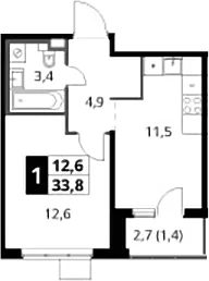 Планировка: 1-комнатная квартира 32,4 м² в ЖК «1-й Химкинский»