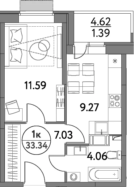 Планировка: 1-комнатная квартира 32 м² в ЖК «Дом на Сиреневой»