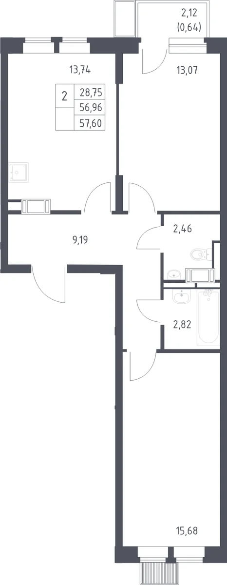 Планировка: 2-комнатная квартира 57 м² в ЖК «Большое Путилково»