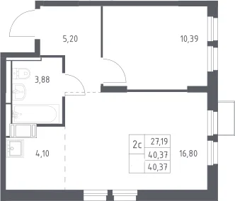 Планировка: Евродвушка 40,4 м² в ЖК «Большое Путилково»