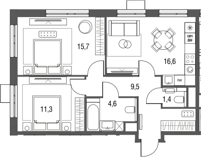 Планировка: Евротрёшка 61 м² в ЖК «Сиреневый парк»