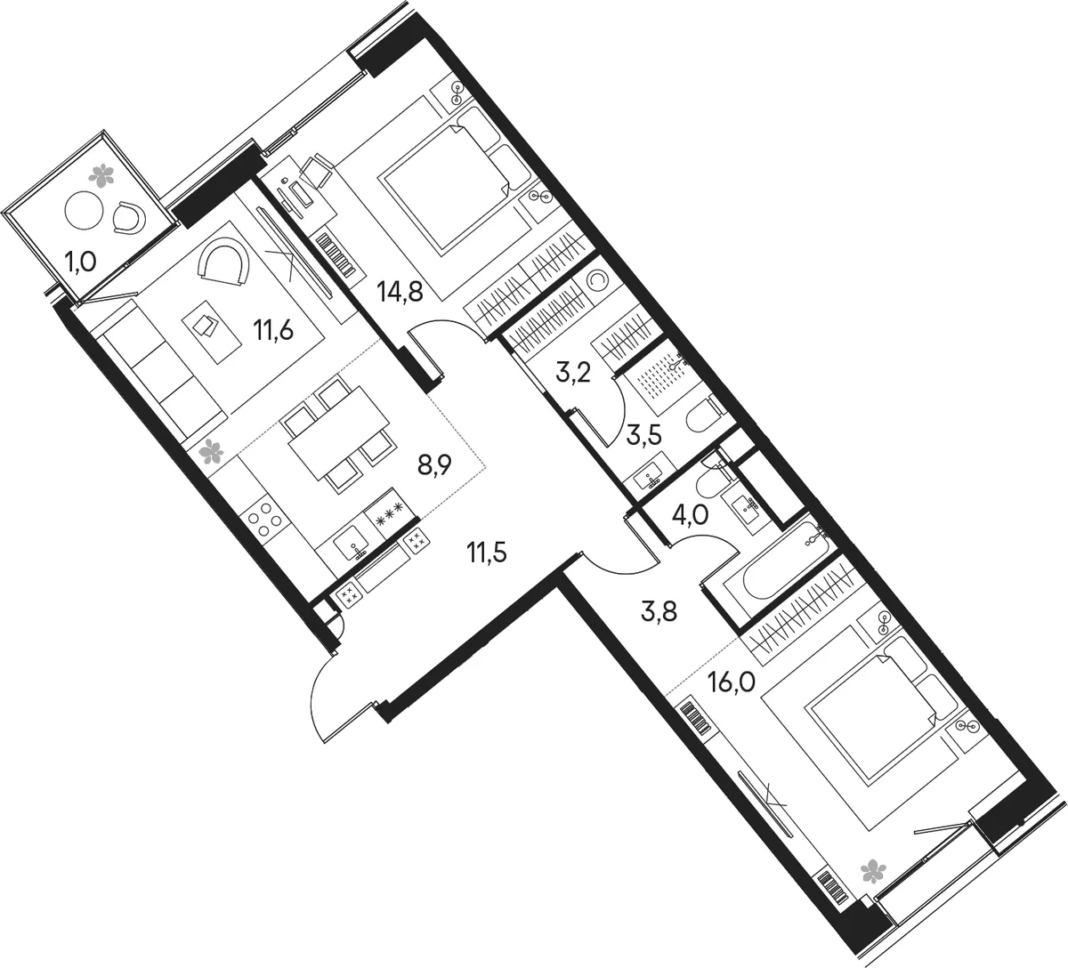 Планировка: Евротрёшка 77,3 м² в ЖК «Клубный город на реке Примавера»