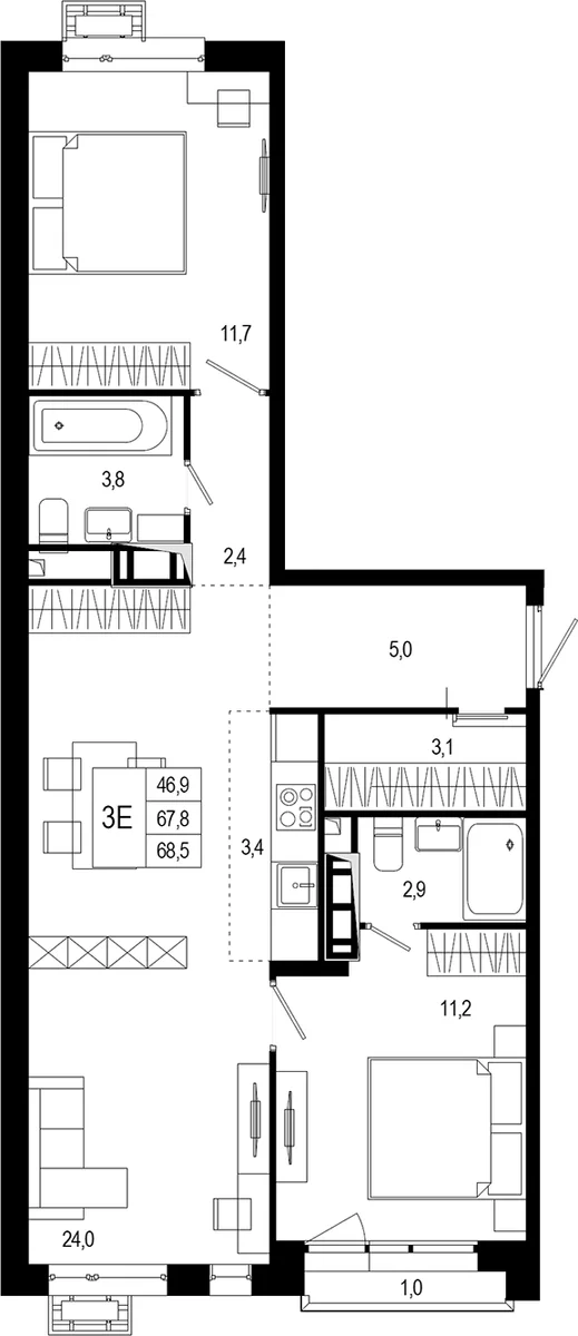 Планировка: Евротрёшка 70,2 м² в ЖК «Новая Щербинка»