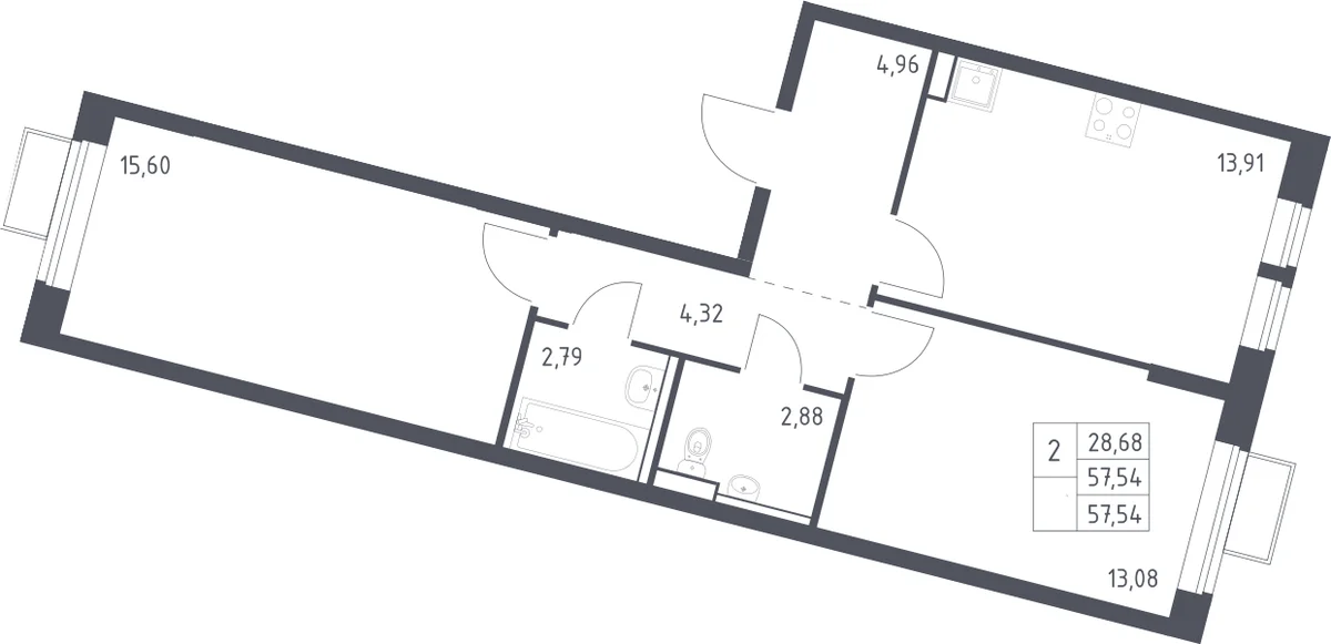 Планировка: 2-комнатная квартира 57,5 м² в ЖК «Молжаниново»