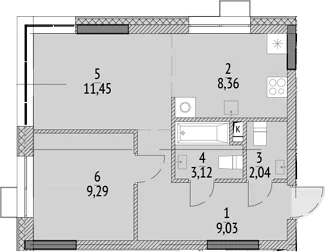 Планировка: Евродвушка 43,3 м² в ЖК «N'ICE LOFT»
