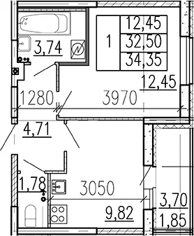 Планировка: 1-комнатная квартира 32,5 м² в ЖК «Высота. Бугры»