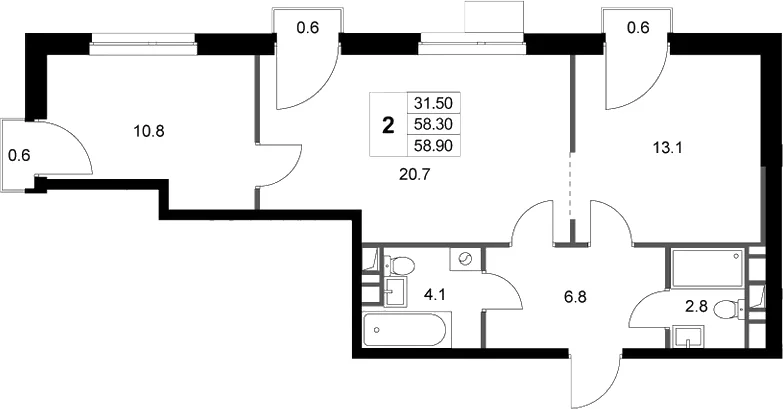 Планировка: 2-комнатная квартира 58,3 м² в ЖК «Легенда Марусино»