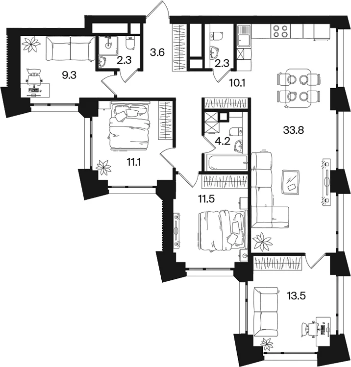 Планировка: Квартира евро-5 101,7 м² в ЖК «РАКУРС»