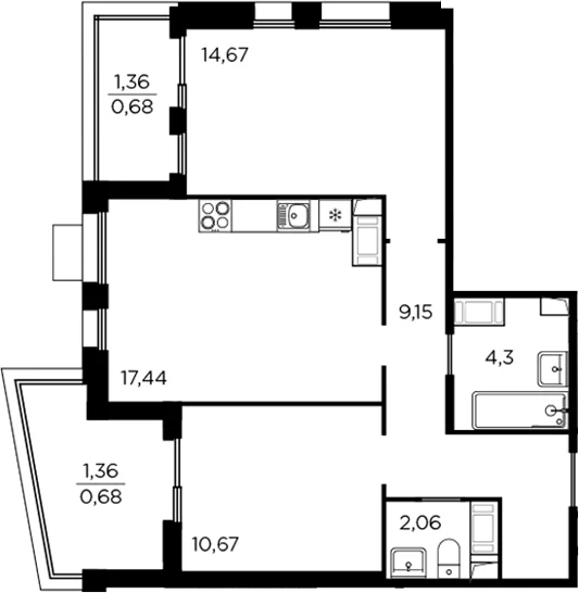 Планировка: Евротрёшка 58,3 м² в ЖК «Респект»