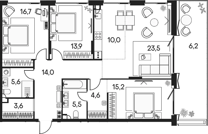 Планировка: Квартира евро-4 112,6 м² в ЖК «Клубный город на реке Примавера»