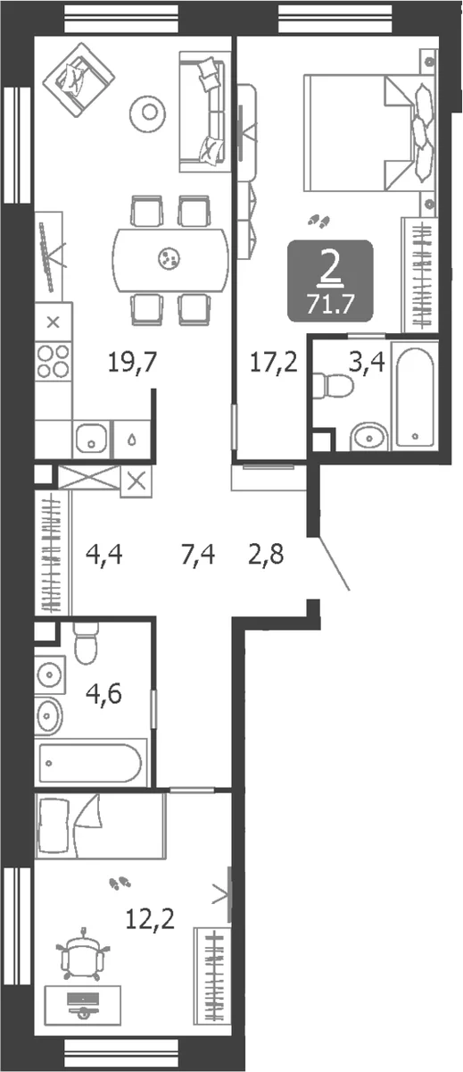 Планировка: Евротрёшка 71,7 м² в ЖК «Шагал»