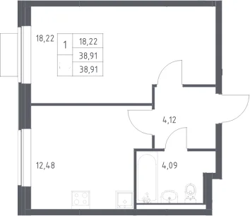 Планировка: 1-комнатная квартира 38,9 м² в ЖК «Новое Видное»