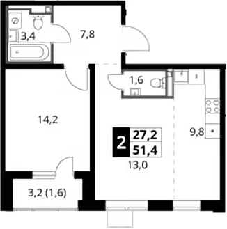 Планировка: Евродвушка 49,8 м² в ЖК «1-й Донской»