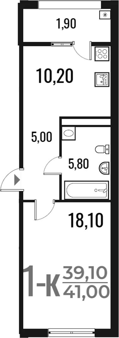 Планировка: 1-комнатная квартира 39,1 м² в ЖК «Новое Летово»