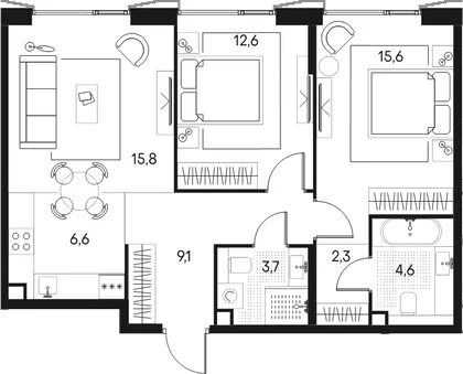Планировка: Евротрёшка 70,3 м² в ЖК «Клубный город на реке Примавера»