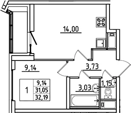 Планировка: 1-комнатная квартира 31,1 м² в ЖК «Южный Форт»