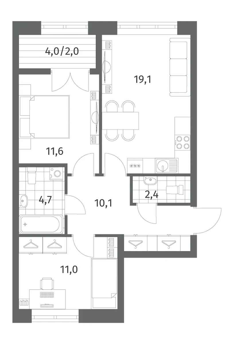 Планировка: Евротрёшка 58,9 м² в ЖК «Новый Питер»