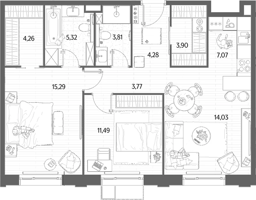 Планировка: Евротрёшка 73,2 м² в ЖК «МЫС»