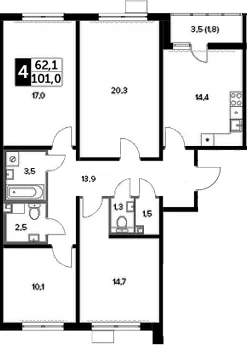 Планировка: 4-комнатная квартира 100,7 м² в ЖК «Южная Битца»