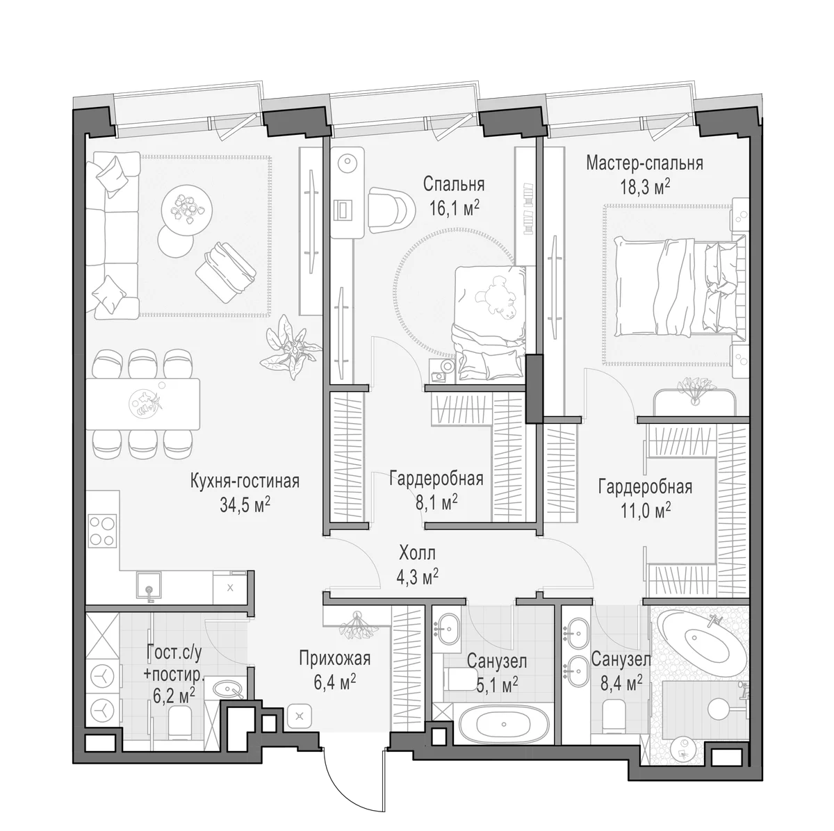 Планировка: 2-комнатная квартира 118,4 м² в ЖК «Дом Палашевский 11»