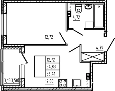 Планировка: 1-комнатная квартира 34,8 м² в ЖК «Новая история»