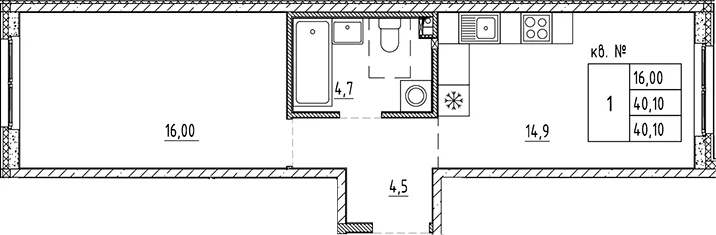 Планировка: 1-комнатная квартира 40,1 м² в ЖК «Плюс Пулковский»