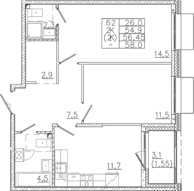 Планировка: 2-комнатная квартира 54,9 м² в ЖК «Лисино»