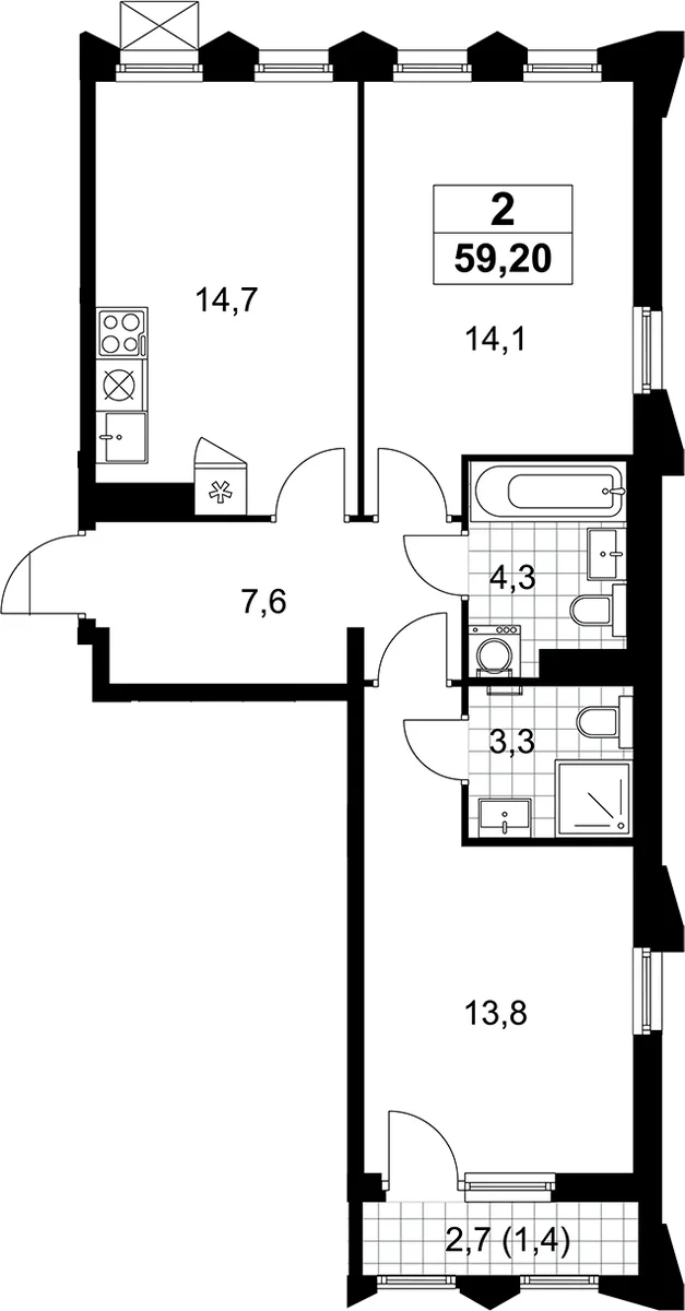 Планировка: Евротрёшка 57,8 м² в ЖК «Деснаречье»