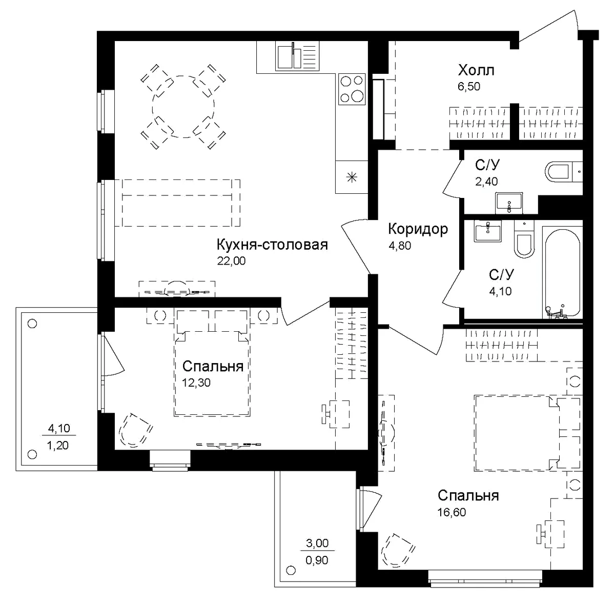 Планировка: 2-комнатная квартира 68,7 м² в ЖК «Эко квартал Новая Дубровка»
