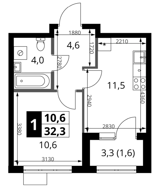 Планировка: 1-комнатная квартира 30,7 м² в ЖК «1-й Ясеневский»